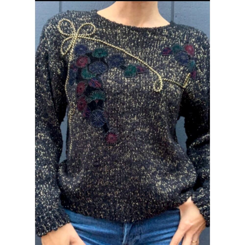 Vintage 80s Metallic Floral Knit Sweater SIZE M Black Gold Colleen's Collectible